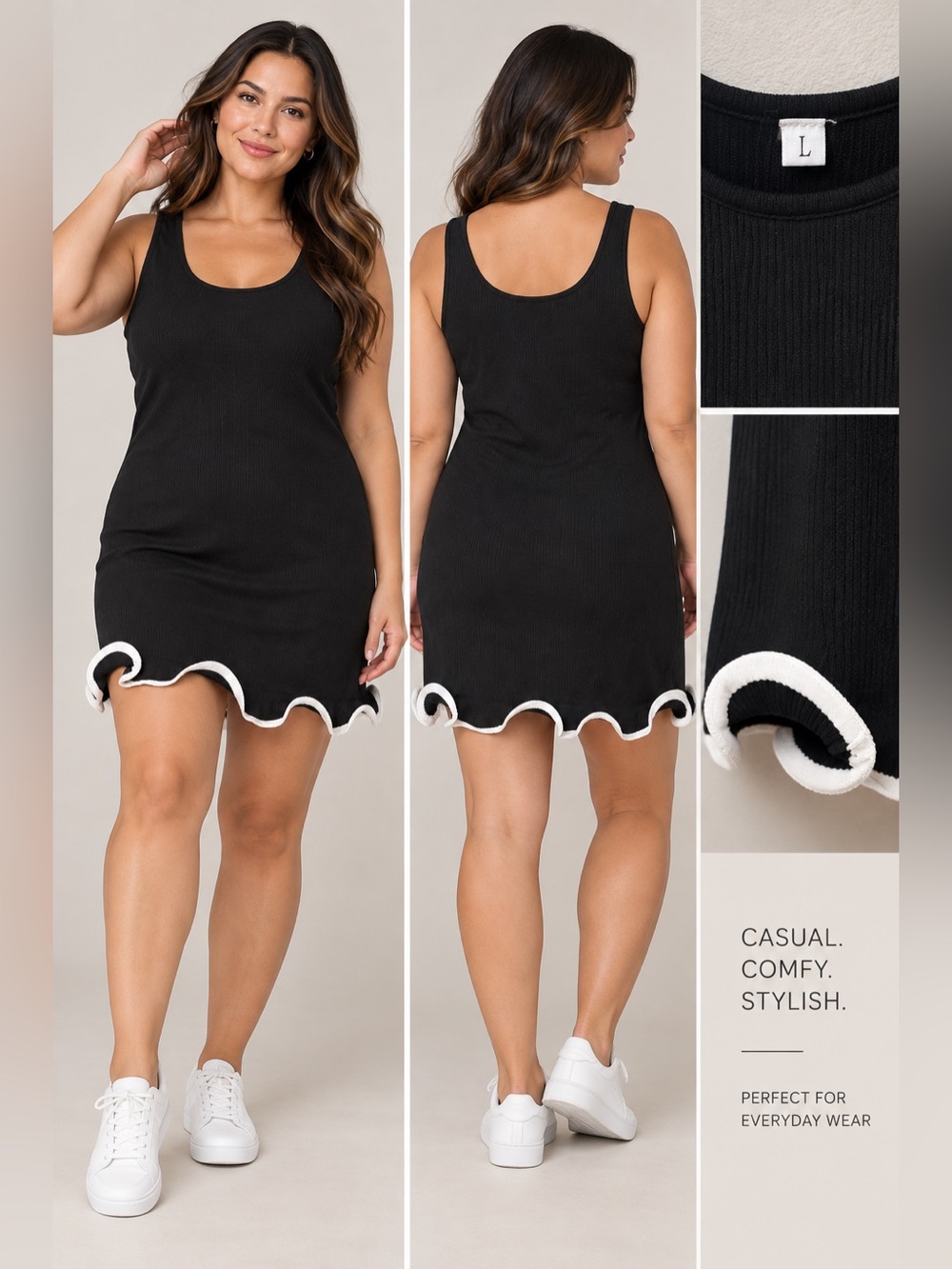 Black Ruffle-Hem Tank Dress with White Trim - Ladies' Casual Dress